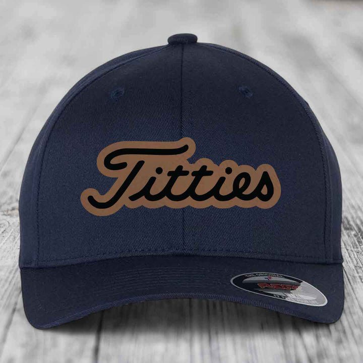 Titties - Leather Patch Hat - Dark Brown to Black Patch - Flexfit 6277 Fitted Hat