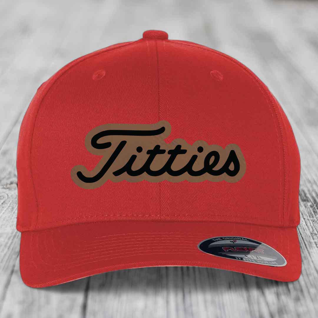 Titties - Leather Patch Hat - Dark Brown to Black Patch - Flexfit 6277 Fitted Hat