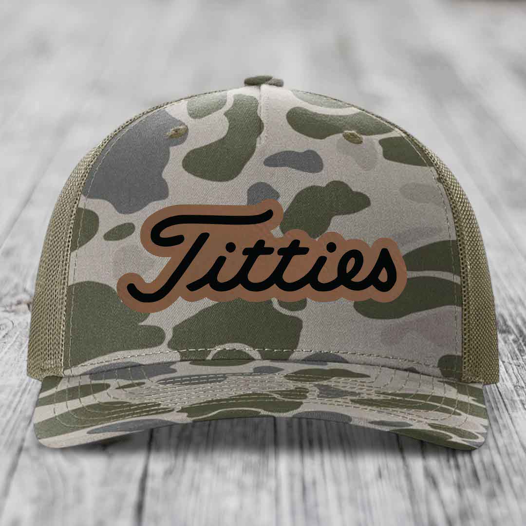 Titties - Leather Patch Hat - Dark Brown to Black Patch - Richardson 112PFP Snapback Trucker Hat