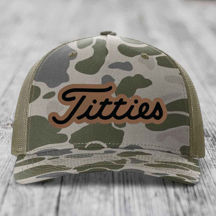 Titties - Leather Patch Hat - Dark Brown to Black Patch - Richardson 112PFP Snapback Trucker Hat