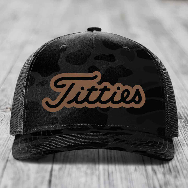 Titties - Leather Patch Hat - Dark Brown to Black Patch - Richardson 112PFP Snapback Trucker Hat