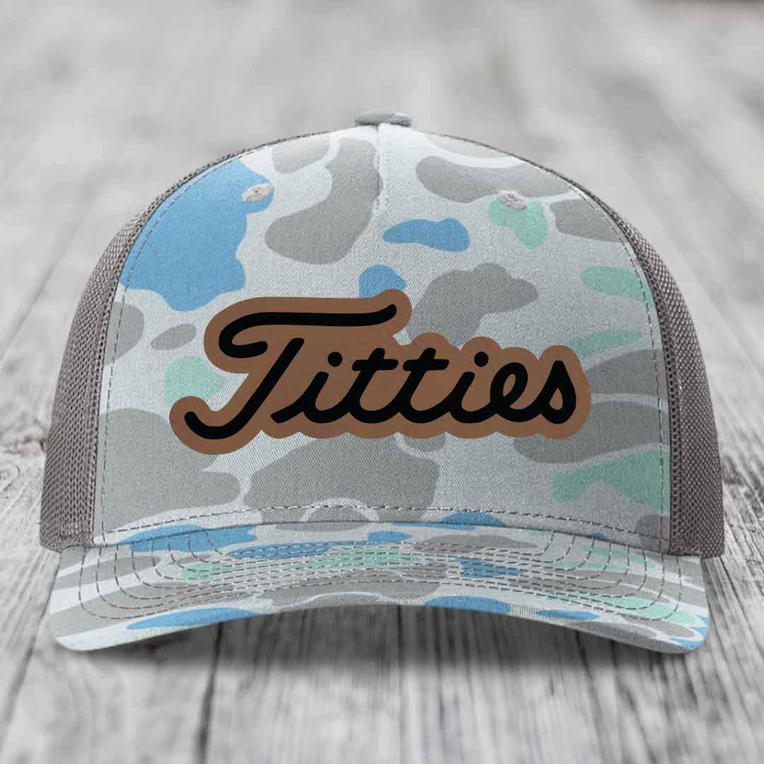 Titties - Leather Patch Hat - Dark Brown to Black Patch - Richardson 112PFP Snapback Trucker Hat