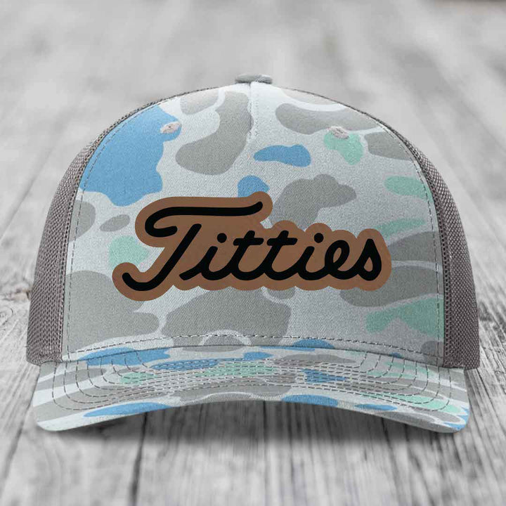 Titties - Leather Patch Hat - Dark Brown to Black Patch - Richardson 112PFP Snapback Trucker Hat