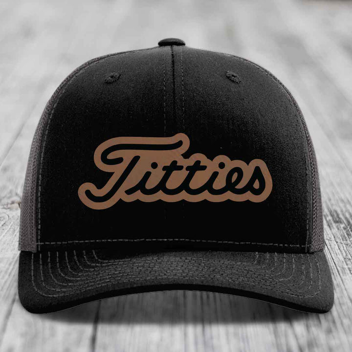 Titties - Leather Patch Hat - Dark Brown to Black Patch - Richardson 112 Snapback Trucker Hat