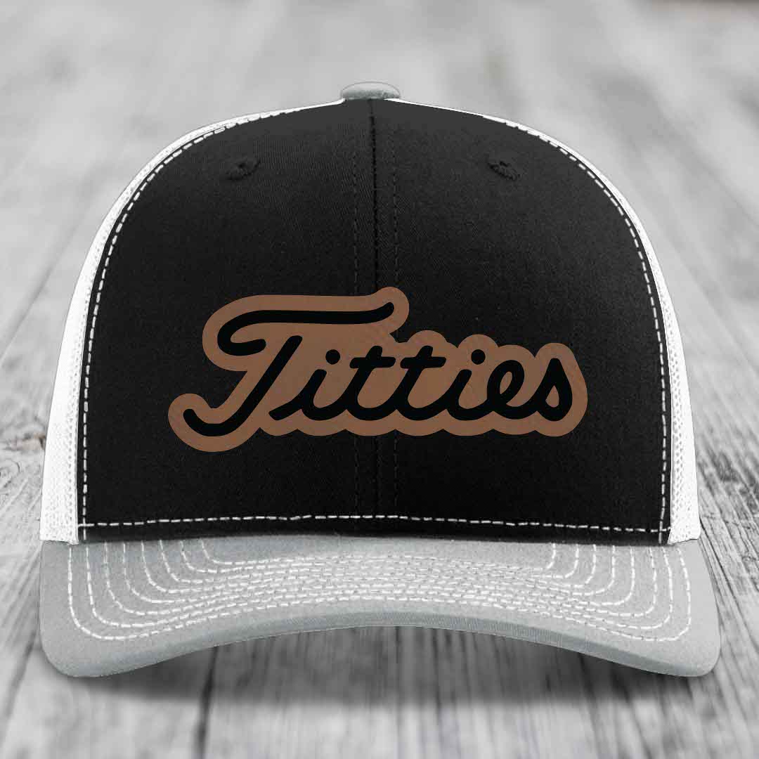 Titties - Leather Patch Hat - Dark Brown to Black Patch - Richardson 112 Snapback Trucker Hat