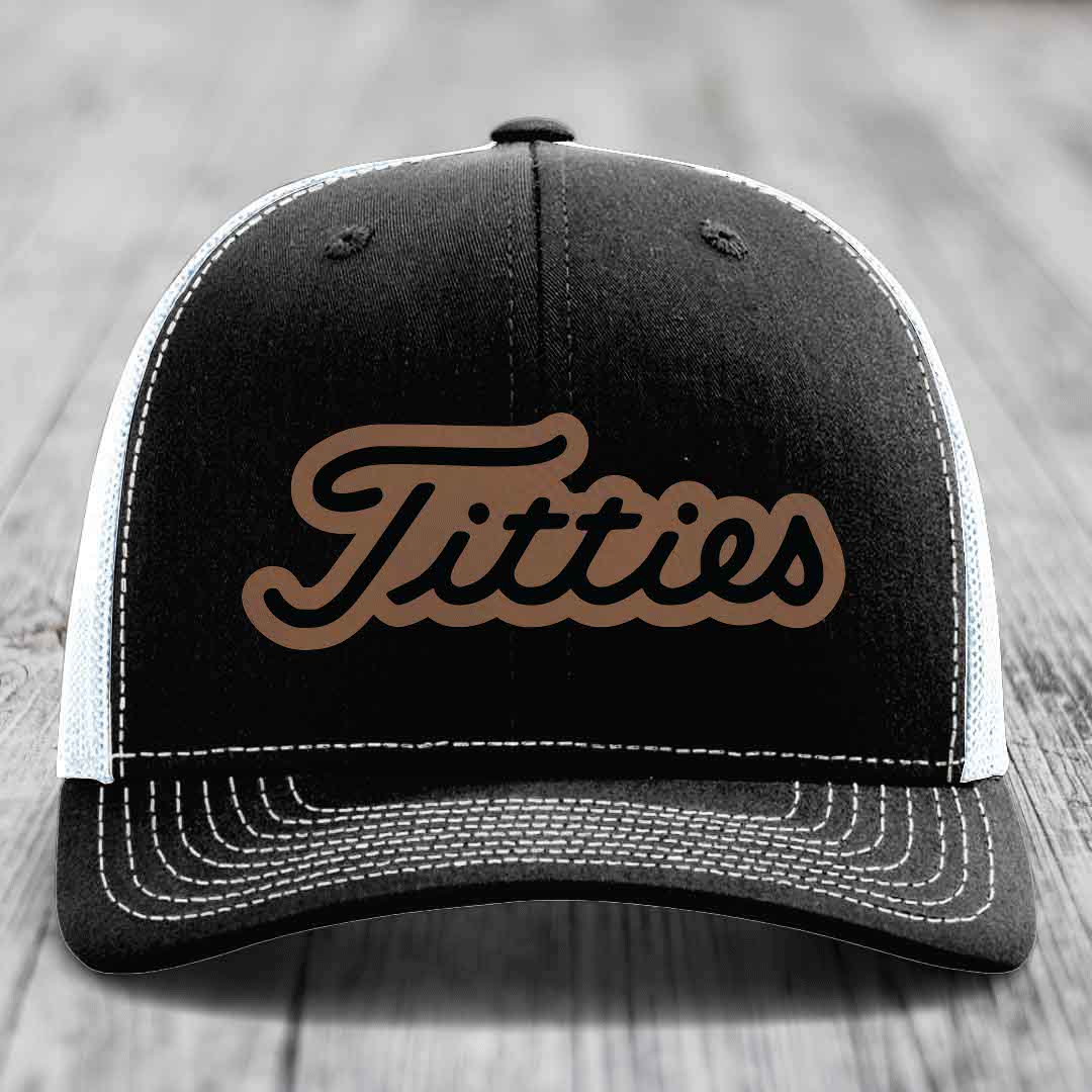Titties - Leather Patch Hat - Dark Brown to Black Patch - Richardson 112 Snapback Trucker Hat