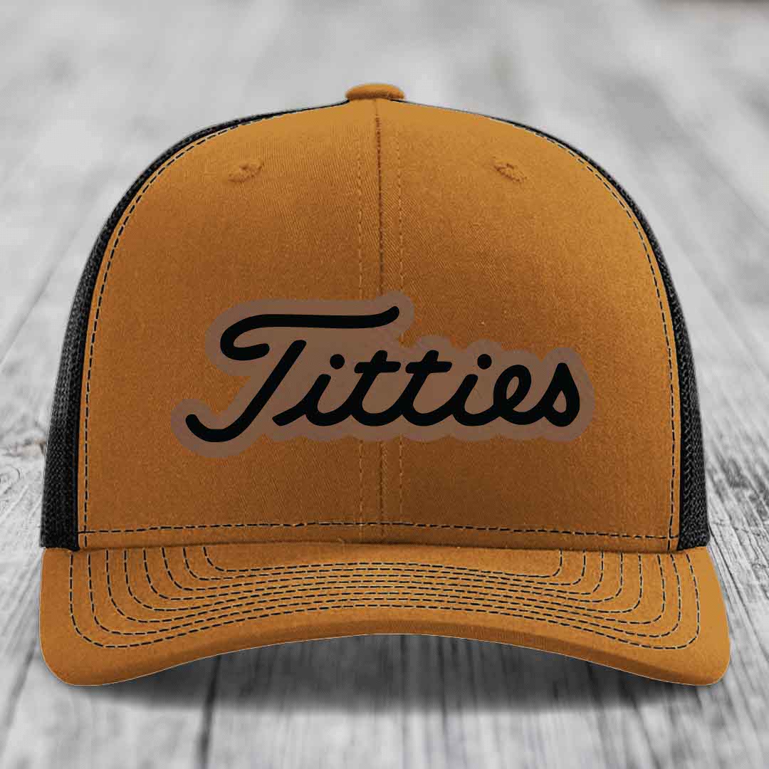 Titties - Leather Patch Hat - Dark Brown to Black Patch - Richardson 112 Snapback Trucker Hat