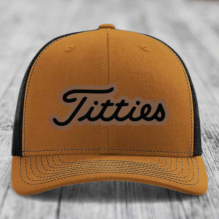 Titties - Leather Patch Hat - Dark Brown to Black Patch - Richardson 112 Snapback Trucker Hat