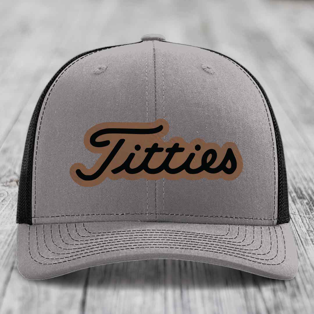 Titties - Leather Patch Hat - Dark Brown to Black Patch - Richardson 112 Snapback Trucker Hat