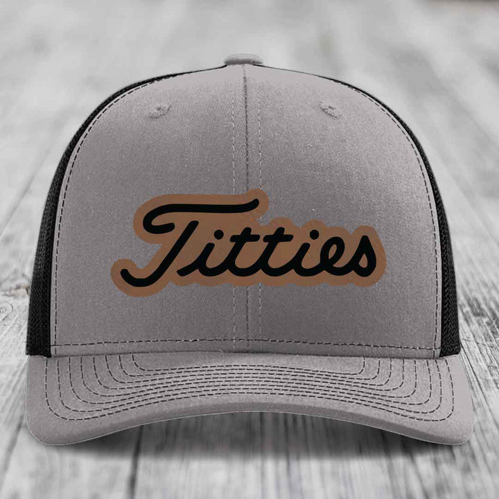 Titties - Leather Patch Hat - Dark Brown to Black Patch - Richardson 112 Snapback Trucker Hat