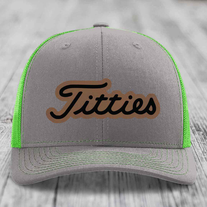 Titties - Leather Patch Hat - Dark Brown to Black Patch - Richardson 112 Snapback Trucker Hat