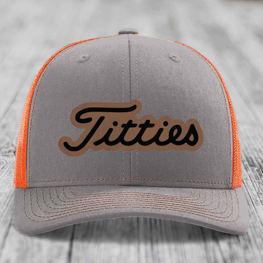 Titties - Leather Patch Hat - Dark Brown to Black Patch - Richardson 112 Snapback Trucker Hat