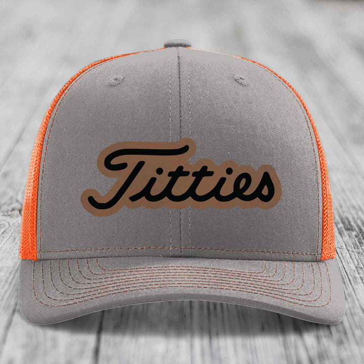 Titties - Leather Patch Hat - Dark Brown to Black Patch - Richardson 112 Snapback Trucker Hat