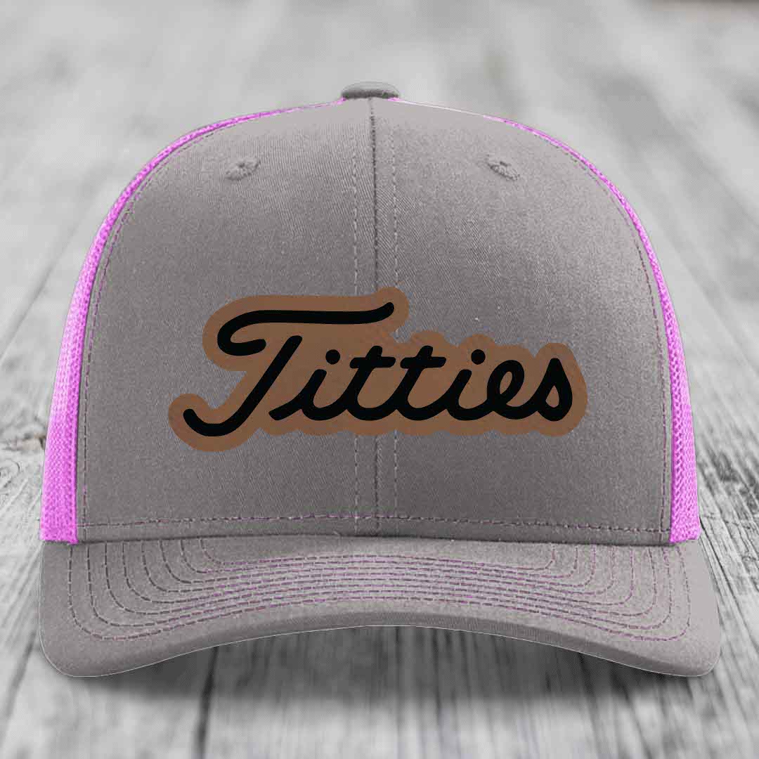 Titties - Leather Patch Hat - Dark Brown to Black Patch - Richardson 112 Snapback Trucker Hat