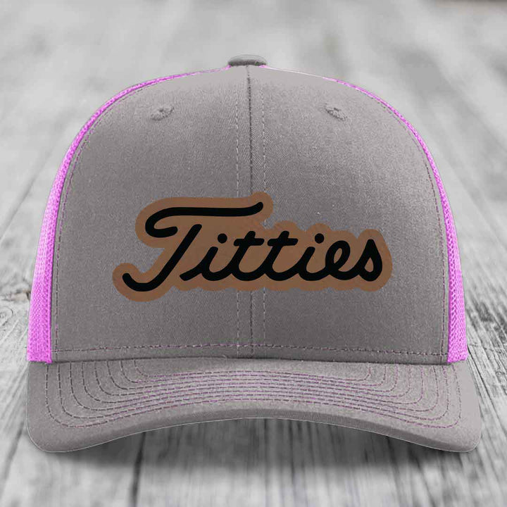 Titties - Leather Patch Hat - Dark Brown to Black Patch - Richardson 112 Snapback Trucker Hat