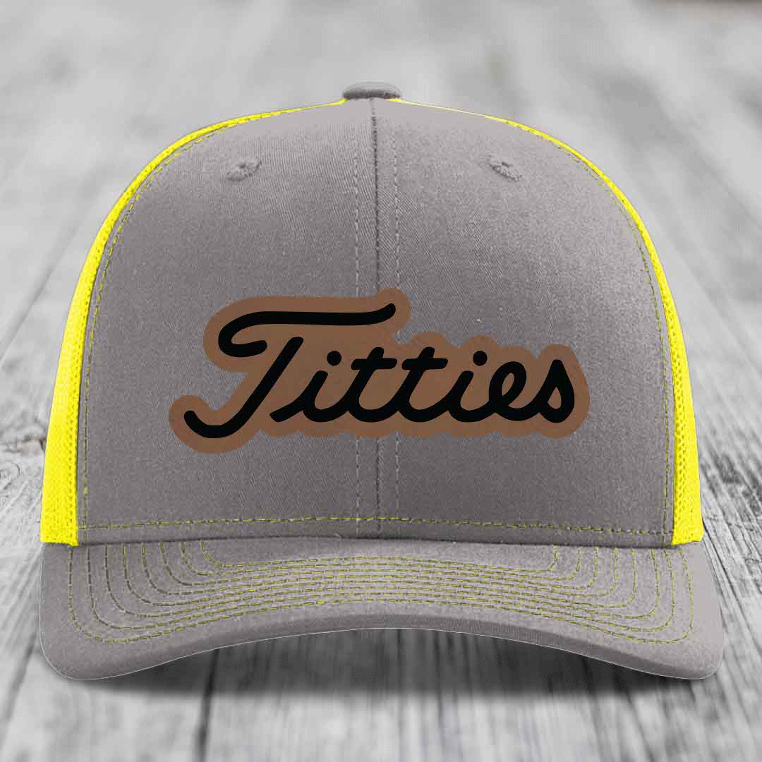 Titties - Leather Patch Hat - Dark Brown to Black Patch - Richardson 112 Snapback Trucker Hat