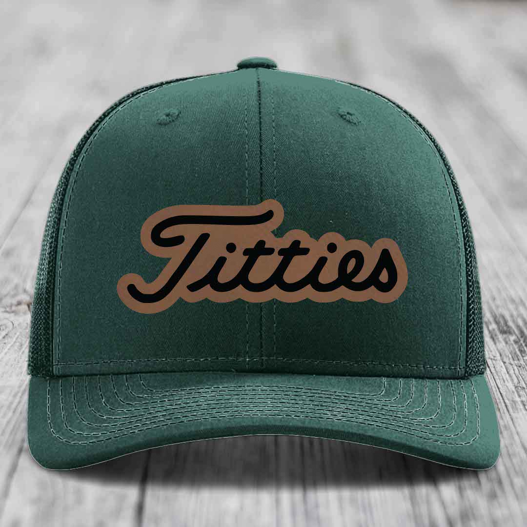 Titties - Leather Patch Hat - Dark Brown to Black Patch - Richardson 112 Snapback Trucker Hat