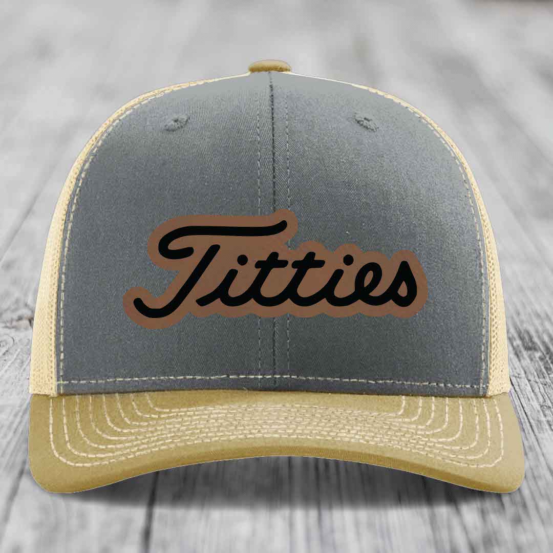 Titties - Leather Patch Hat - Dark Brown to Black Patch - Richardson 112 Snapback Trucker Hat