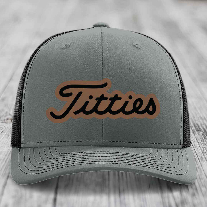 Titties - Leather Patch Hat - Dark Brown to Black Patch - Richardson 112 Snapback Trucker Hat