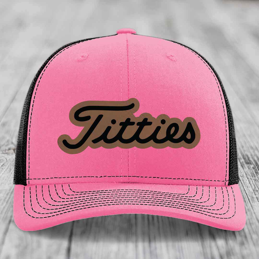 Titties - Leather Patch Hat - Dark Brown to Black Patch - Richardson 112 Snapback Trucker Hat