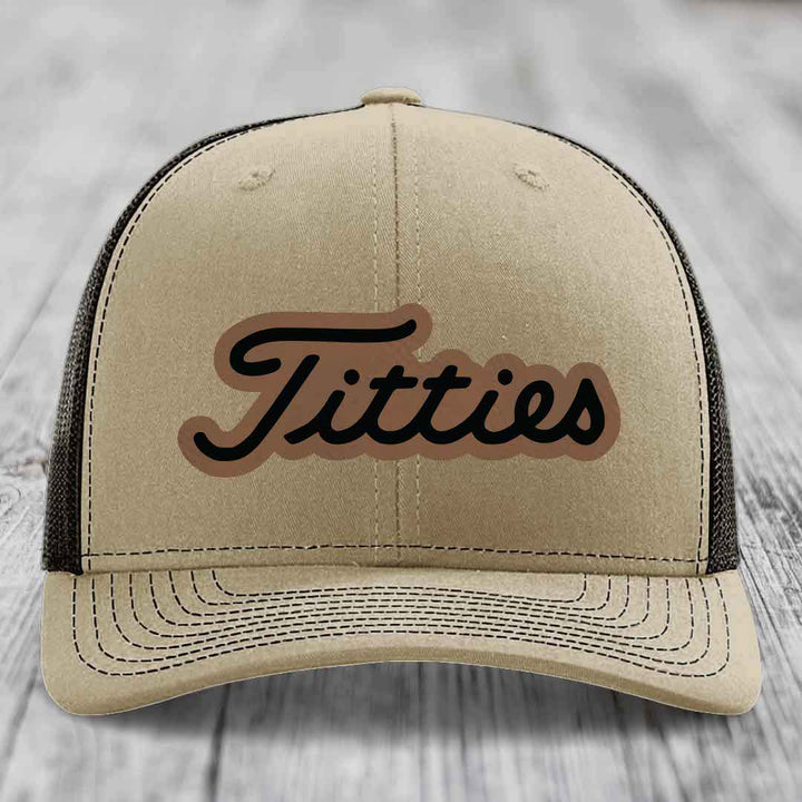 Titties - Leather Patch Hat - Dark Brown to Black Patch - Richardson 112 Snapback Trucker Hat
