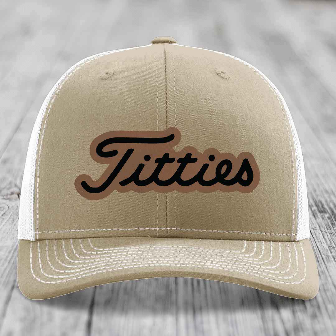 Titties - Leather Patch Hat - Dark Brown to Black Patch - Richardson 112 Snapback Trucker Hat