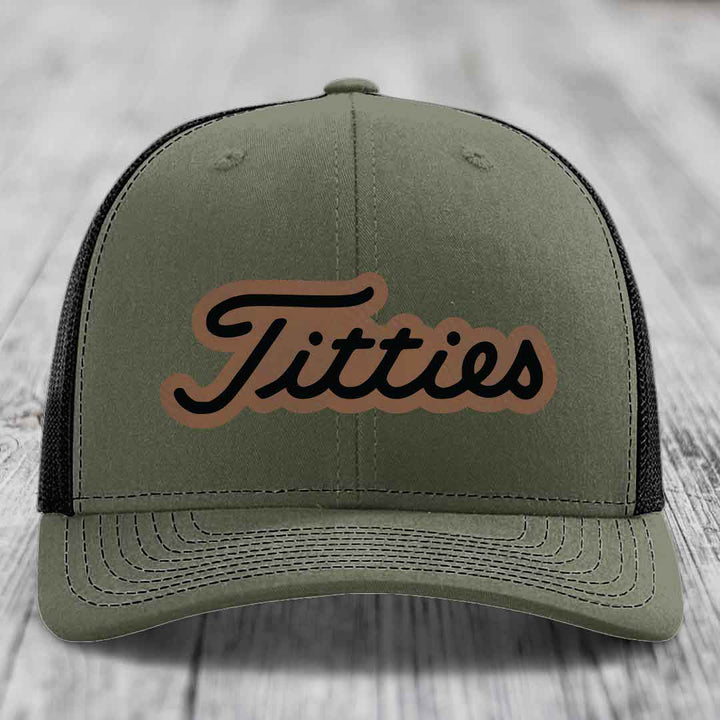 Titties - Leather Patch Hat - Dark Brown to Black Patch - Richardson 112 Snapback Trucker Hat