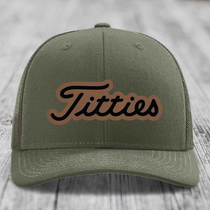 Titties - Leather Patch Hat - Dark Brown to Black Patch - Richardson 112 Snapback Trucker Hat