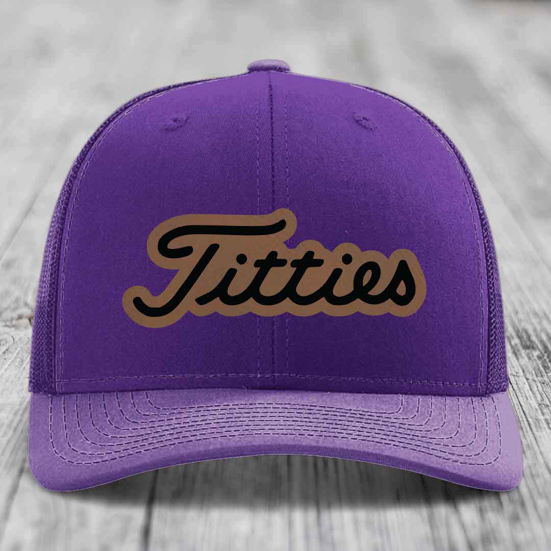 Titties - Leather Patch Hat - Dark Brown to Black Patch - Richardson 112 Snapback Trucker Hat