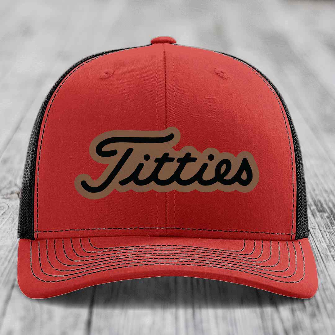 Titties - Leather Patch Hat - Dark Brown to Black Patch - Richardson 112 Snapback Trucker Hat