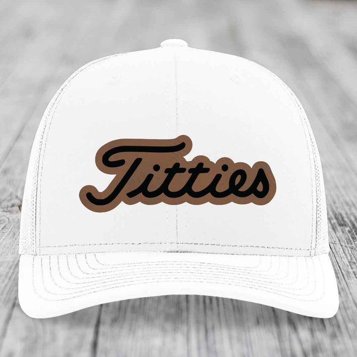 Titties - Leather Patch Hat - Dark Brown to Black Patch - Richardson 112 Snapback Trucker Hat