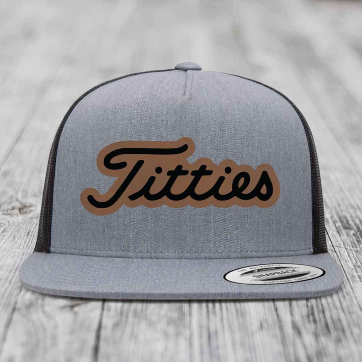 Titties - Leather Patch Hat - Dark Brown to Black Patch - Yupoong 6006 Snapback Flatbill Hat