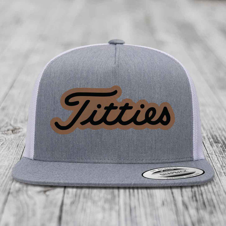 Titties - Leather Patch Hat - Dark Brown to Black Patch - Yupoong 6006 Snapback Flatbill Hat