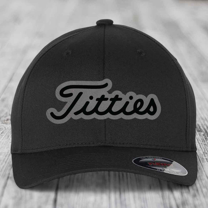 Titties - Leather Patch Hat - Grey to Black Patch - Flexfit 6277 Fitted Hat
