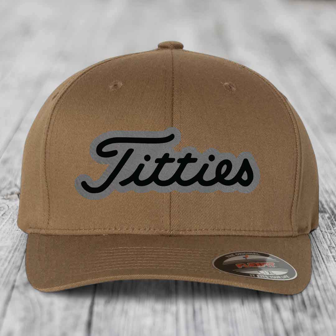 Titties - Leather Patch Hat - Grey to Black Patch - Flexfit 6277 Fitted Hat