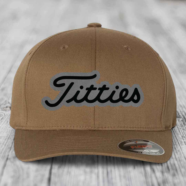 Titties - Leather Patch Hat - Grey to Black Patch - Flexfit 6277 Fitted Hat