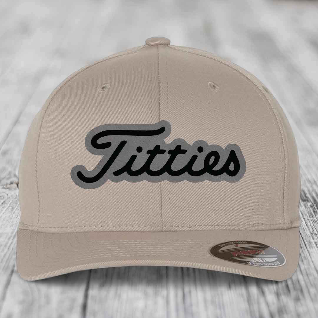 Titties - Leather Patch Hat - Grey to Black Patch - Flexfit 6277 Fitted Hat