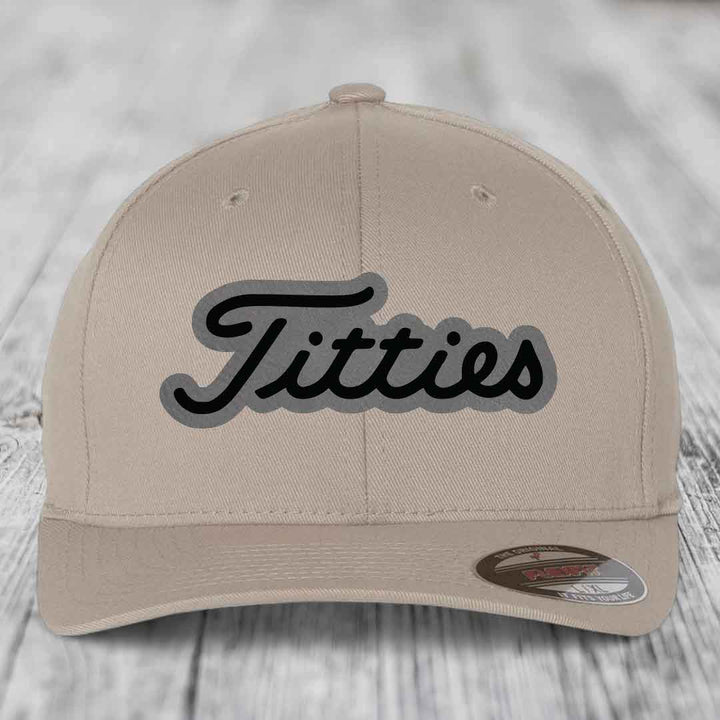 Titties - Leather Patch Hat - Grey to Black Patch - Flexfit 6277 Fitted Hat