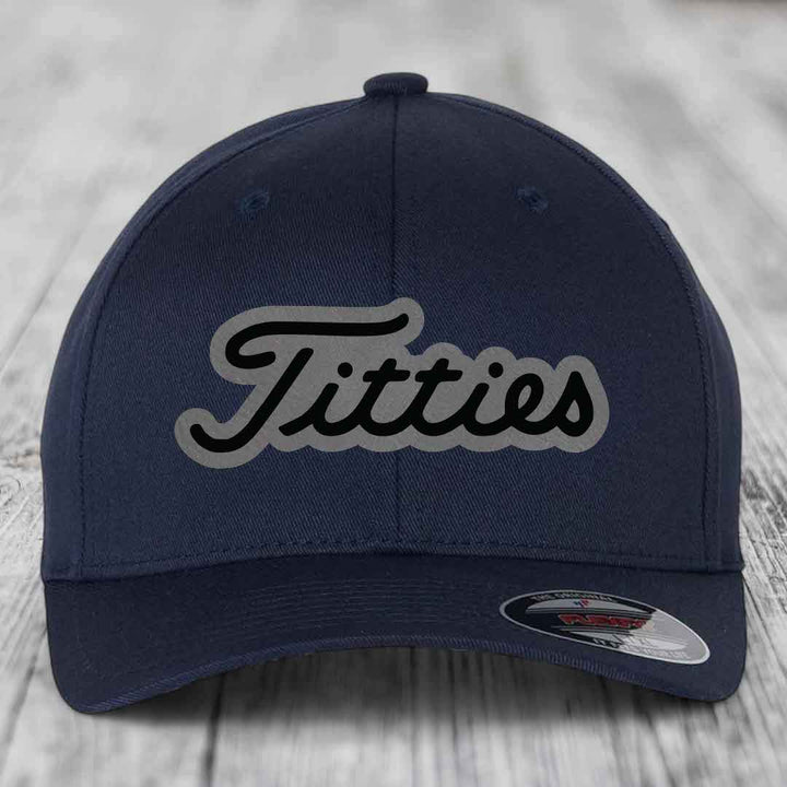Titties - Leather Patch Hat - Grey to Black Patch - Flexfit 6277 Fitted Hat