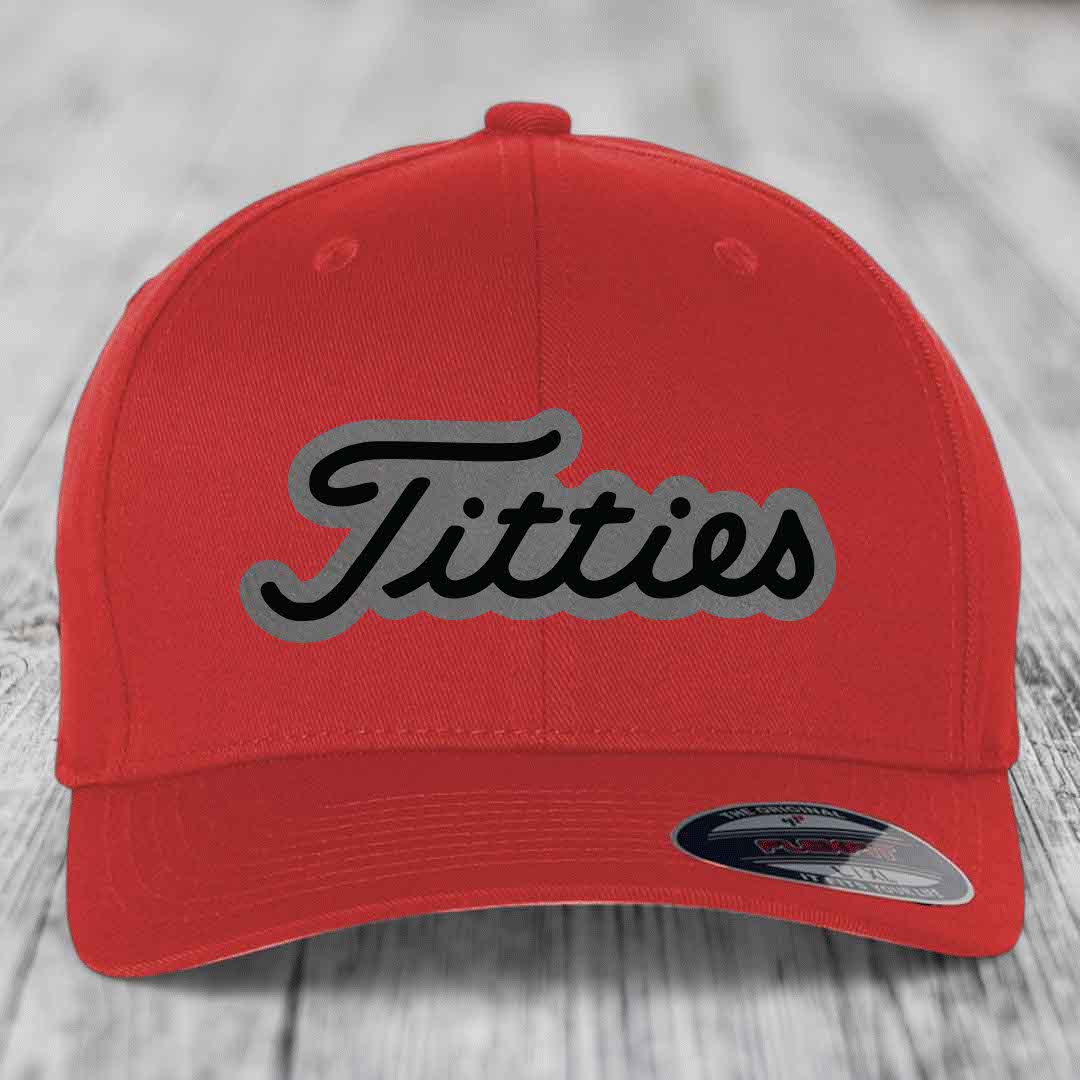 Titties - Leather Patch Hat - Grey to Black Patch - Flexfit 6277 Fitted Hat