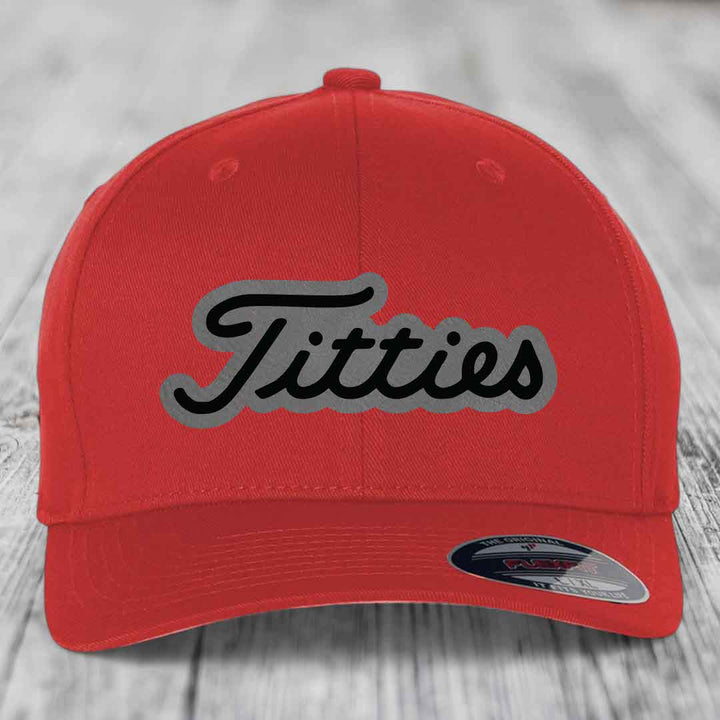 Titties - Leather Patch Hat - Grey to Black Patch - Flexfit 6277 Fitted Hat