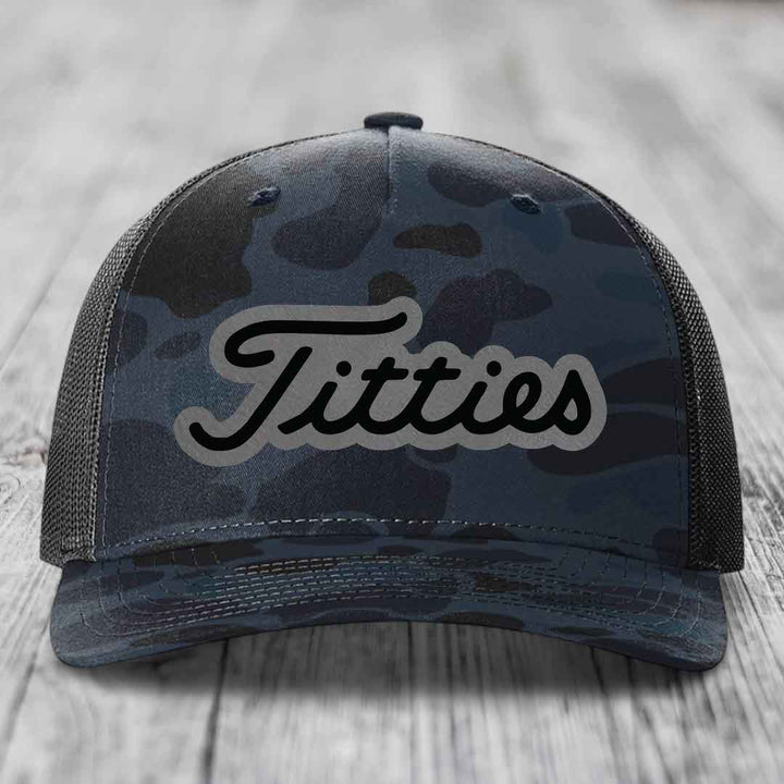 Titties - Leather Patch Hat - Grey to Black Patch - Richardson 112PFP Snapback Trucker Hat