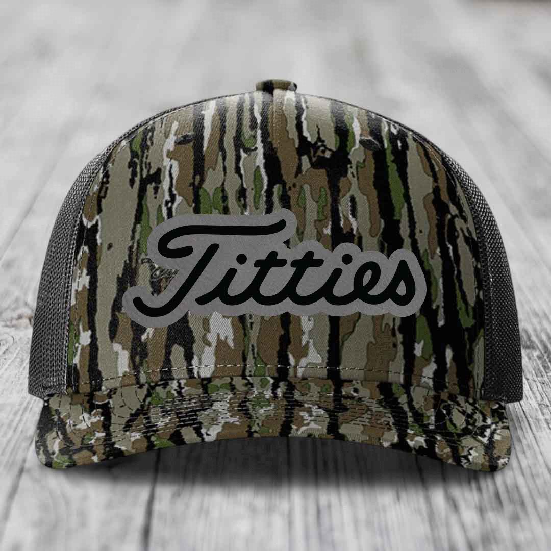 Titties - Leather Patch Hat - Grey to Black Patch - Richardson 112PFP Snapback Trucker Hat