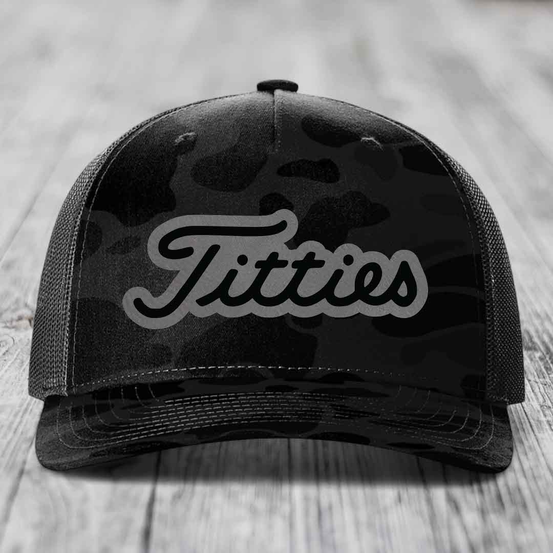 Titties - Leather Patch Hat - Grey to Black Patch - Richardson 112PFP Snapback Trucker Hat