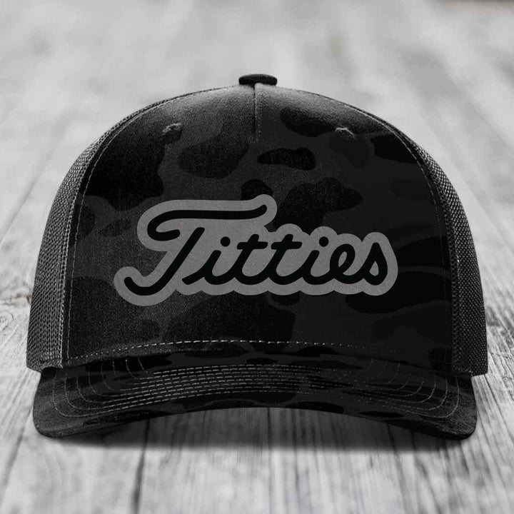 Titties - Leather Patch Hat - Grey to Black Patch - Richardson 112PFP Snapback Trucker Hat