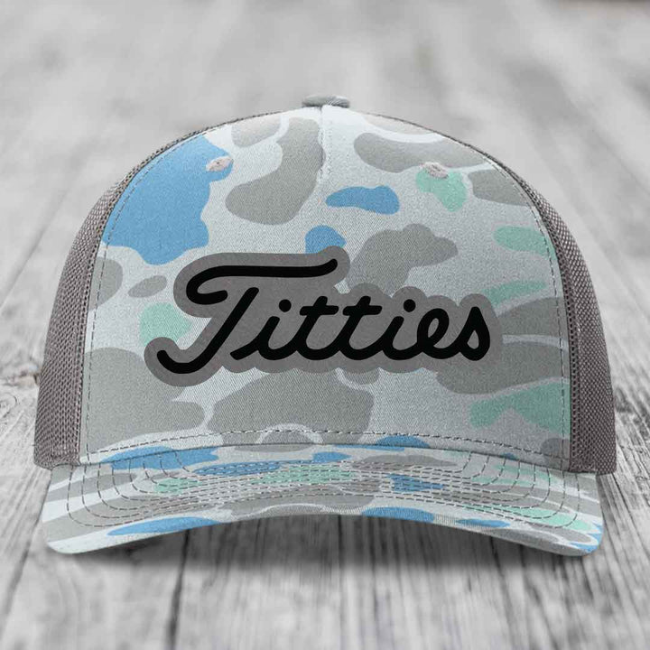 Titties - Leather Patch Hat - Grey to Black Patch - Richardson 112PFP Snapback Trucker Hat