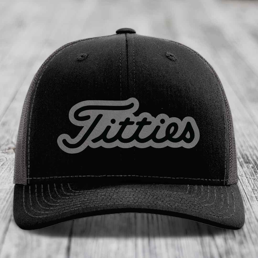 Titties - Leather Patch Hat - Grey to Black Patch - Richardson 112 Snapback Trucker Hat