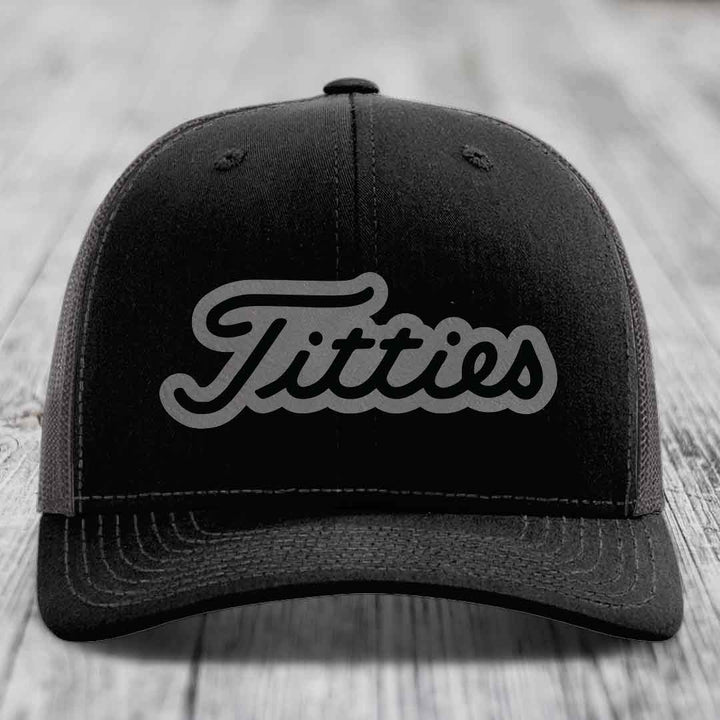 Titties - Leather Patch Hat - Grey to Black Patch - Richardson 112 Snapback Trucker Hat