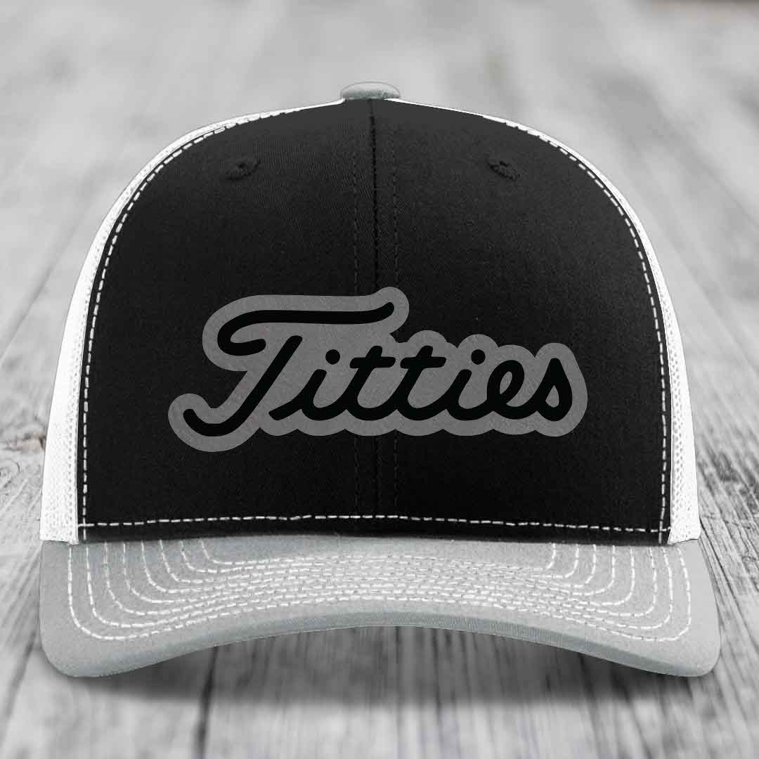 Titties - Leather Patch Hat - Grey to Black Patch - Richardson 112 Snapback Trucker Hat
