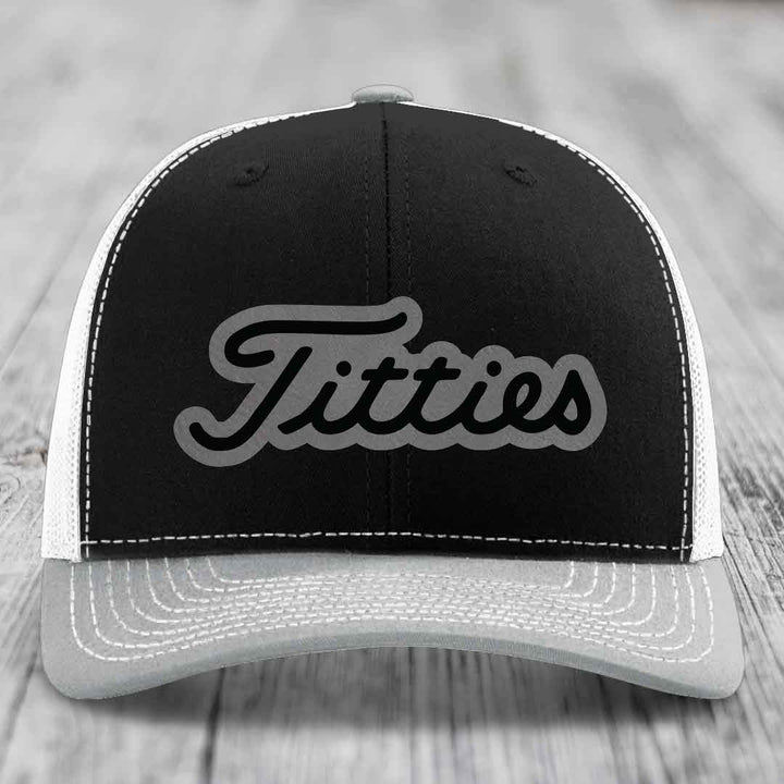 Titties - Leather Patch Hat - Grey to Black Patch - Richardson 112 Snapback Trucker Hat